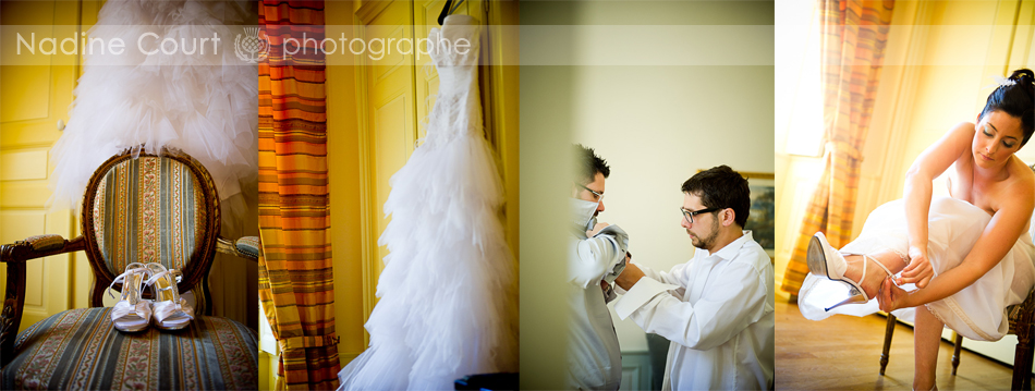 Photographe-de-Mariage-Reportage-Preparatifs Les mariés commencent à s'habiller avec leurs témoins - photos de la robe de mariée et des chaussures