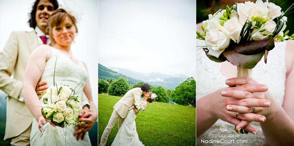 Couple-de-maries-Bassens-Savoie-Photos-de-Mariage Le bouquet de la mariée, un baiser, photos de mariés