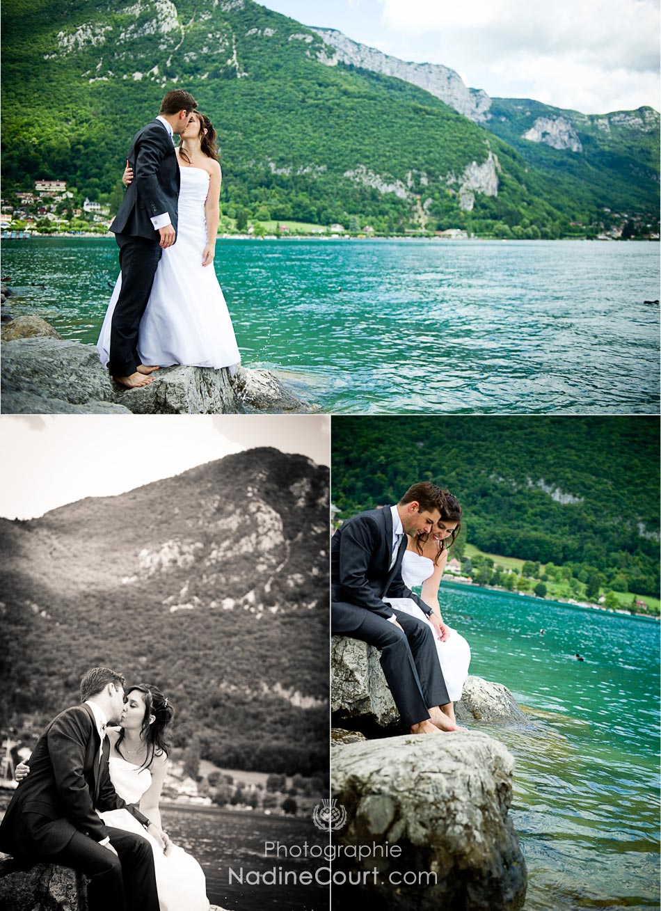 Seance-photos-Mariage-Lac-Annecy Séance photo de couples de mariés sur un quai d'Annecy près du pont des Amours