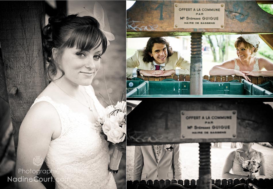 Photos-de-Mariage-originales-Photographe-Mariage-Rhone-Alpes Portrait de la mariée, photos de couple près d'une fontaine de Bassens en Savoie