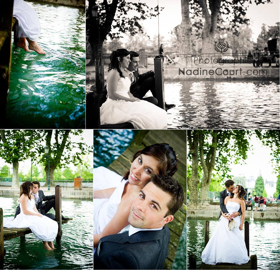 Seance-photos-Mariage-Lac-Annecy Séance photo de couples de mariés sur un quai d'Annecy près du pont des Amours