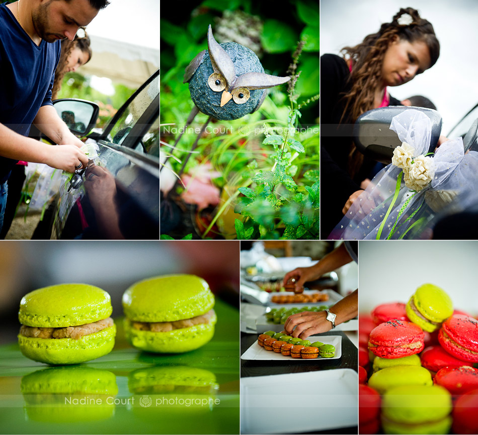 Decoration-voiture-maries-preparation-macarons-vin-honneur Préparation d'un mariage : décoration de la voiture des mariés et présentation des macarons pour le vin d'honneur