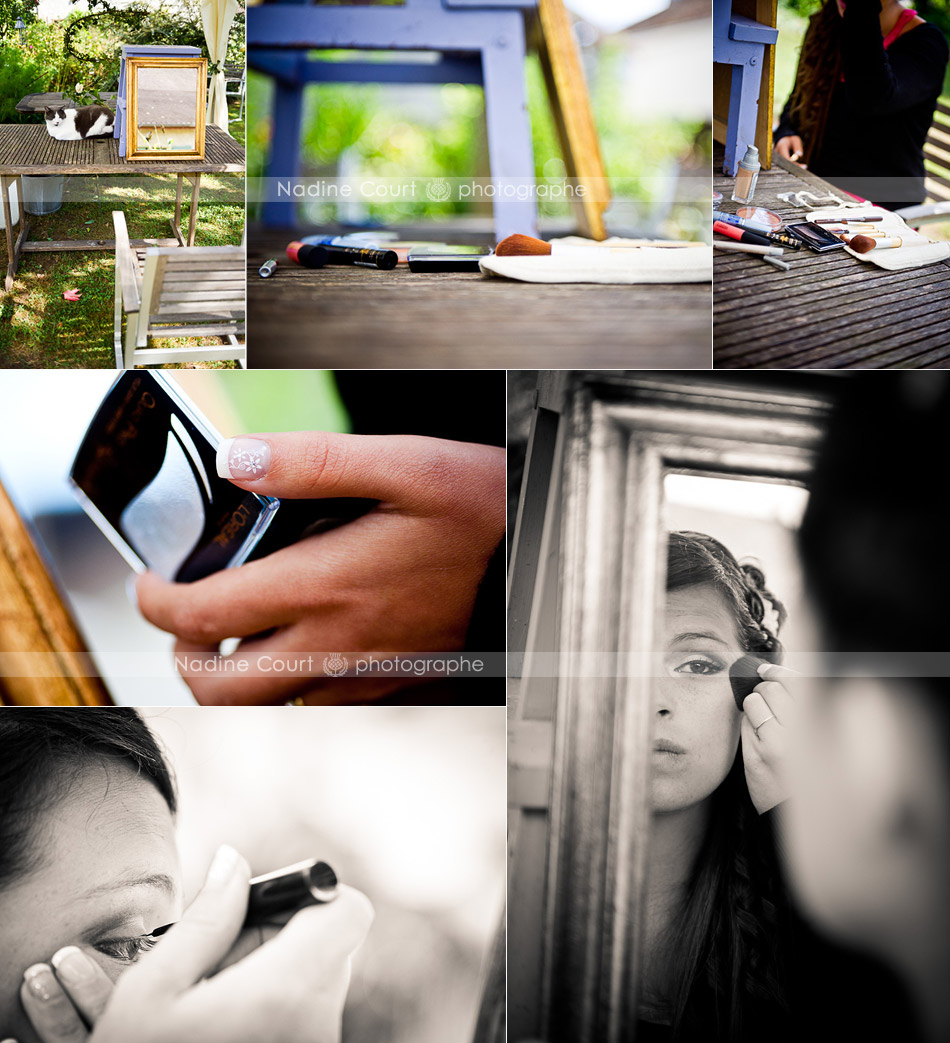 Maquillage-de-la-mariee-Photographe-mariage-lifestyle-de-Chambery La mariée se maquille au jardin