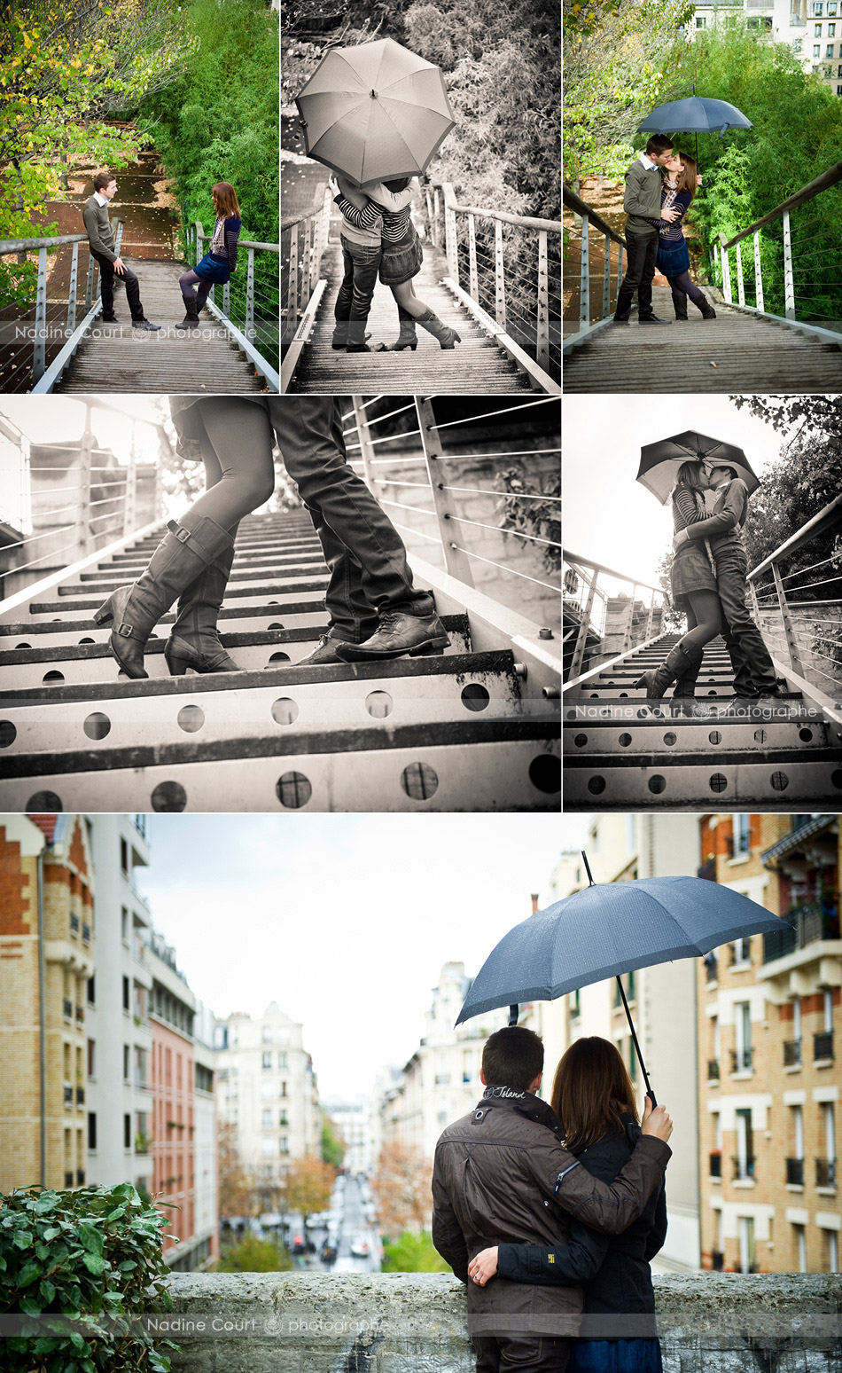 Seance-engagement-Promenade-plangee-Paris-Photographe-Lifestyle Couple s'embrassant dans un escalier et surplombant une rue Parisienne