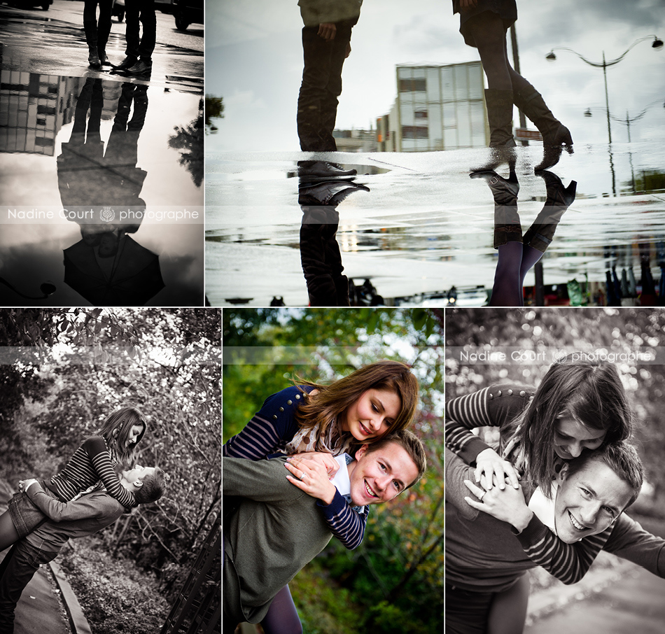 Seance-engagement-sous-la-pluie-couple-futurs-maries Photos d'un couple avec reflet dans une mare d'eau à Paris
