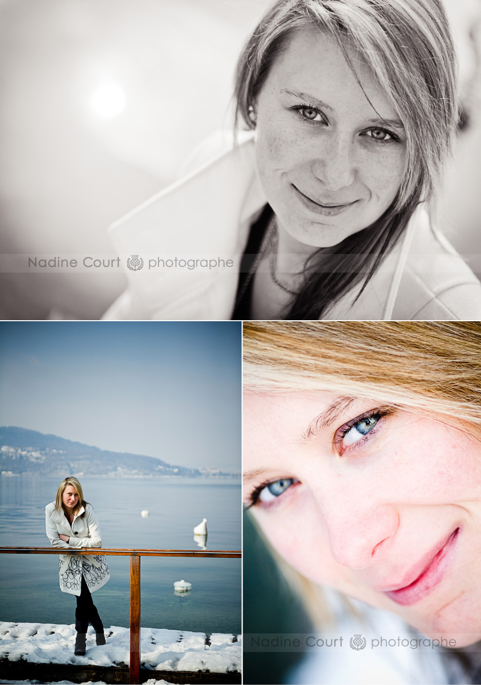 Portraits-femme-hiver-Lac-Annecy Photo sur un pont et portraits serrés d'une jeune femme à Annecy