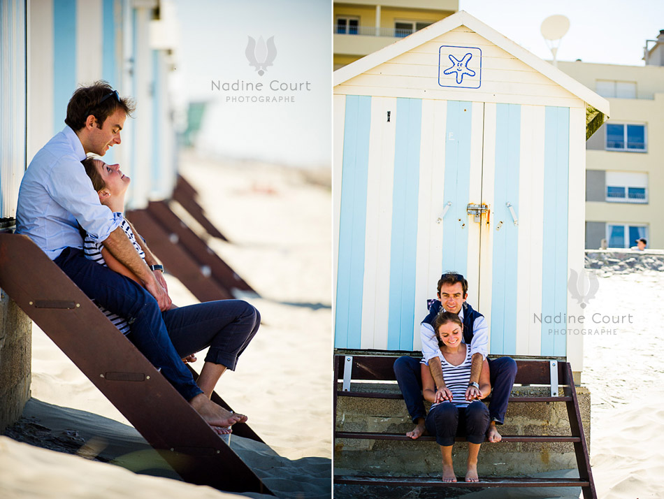 Portraits de couple devant une jolie cabane de plage à Hardelot