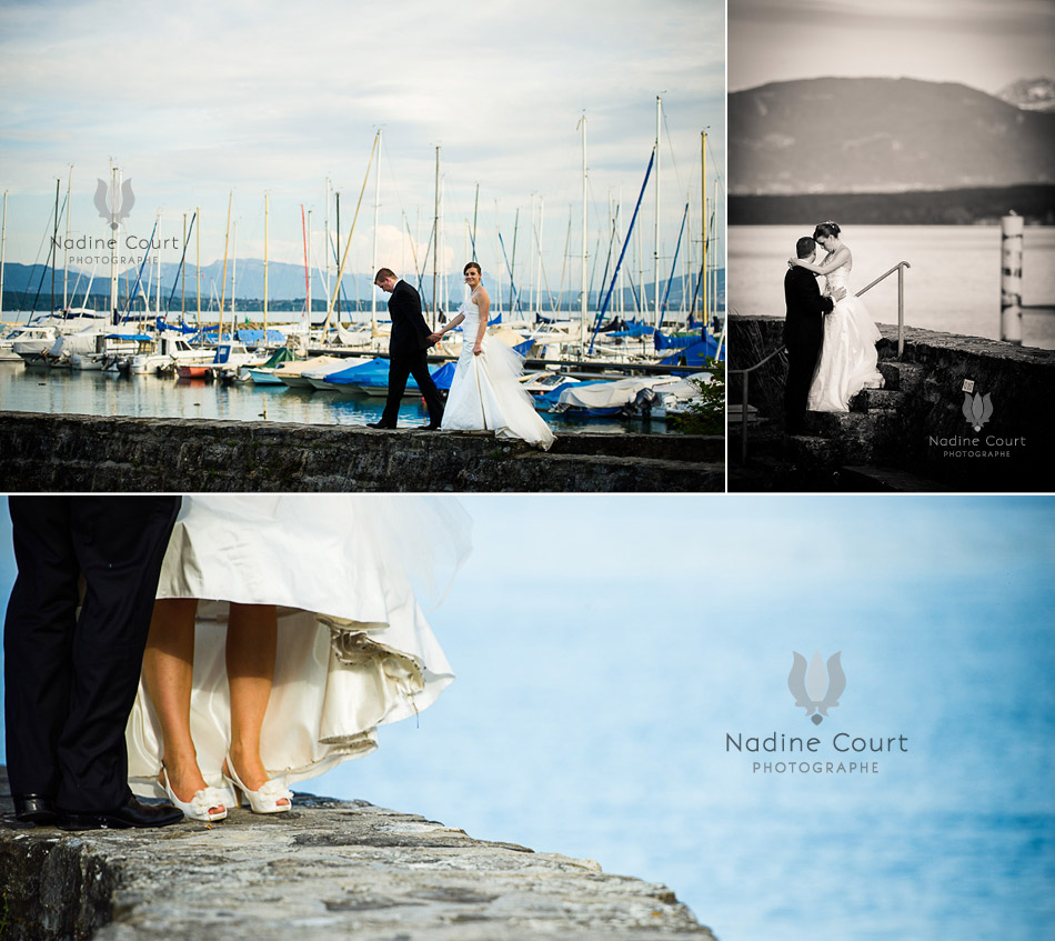 Couple-jeunes-maries-photo-bord-lac-Leman-Suisse Photos de couple pendant un mariage au bord du lac Léman