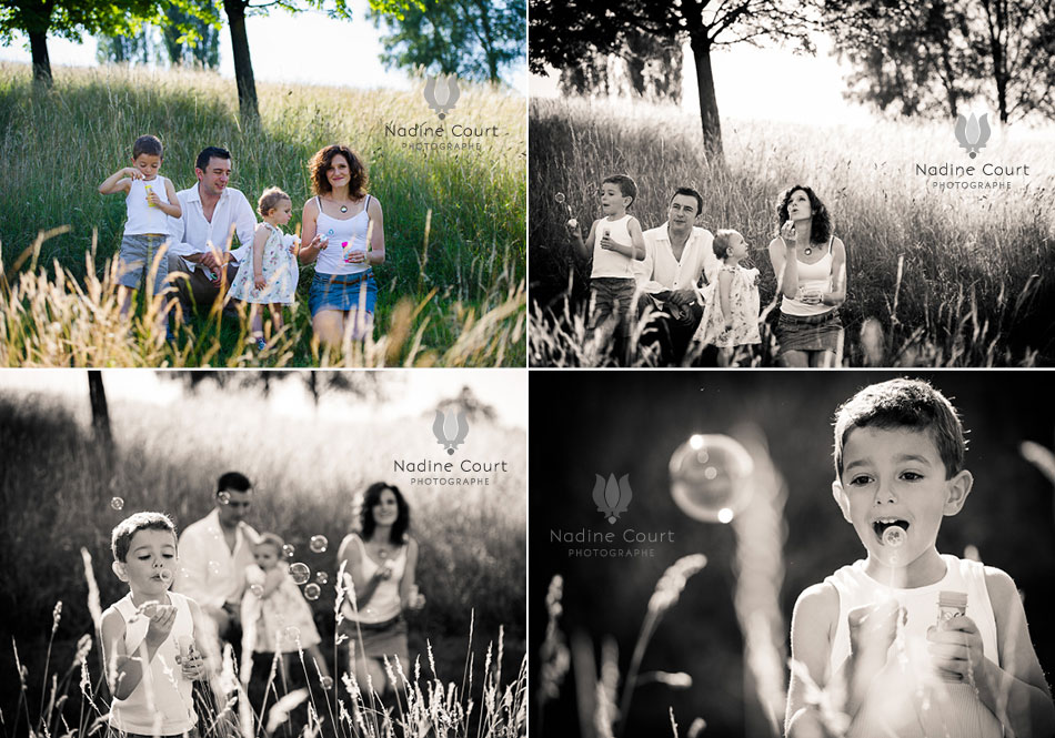 Famille-bulles-savon-herbes-hautes-Photographe-famille-Chambery Bulles de savon pendant une séance photos de famille