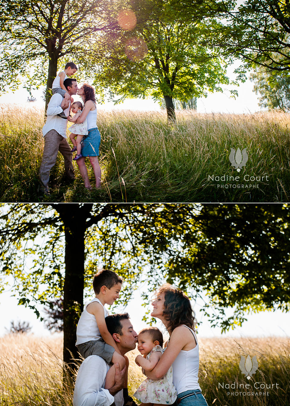 Famille-photographiee-dans-herbes-hautes-soleil-couchant-Photographe-famille-Chambery-Grenoble-Lyon-Annecy Photos de famille en extérieur au soleil couchant
