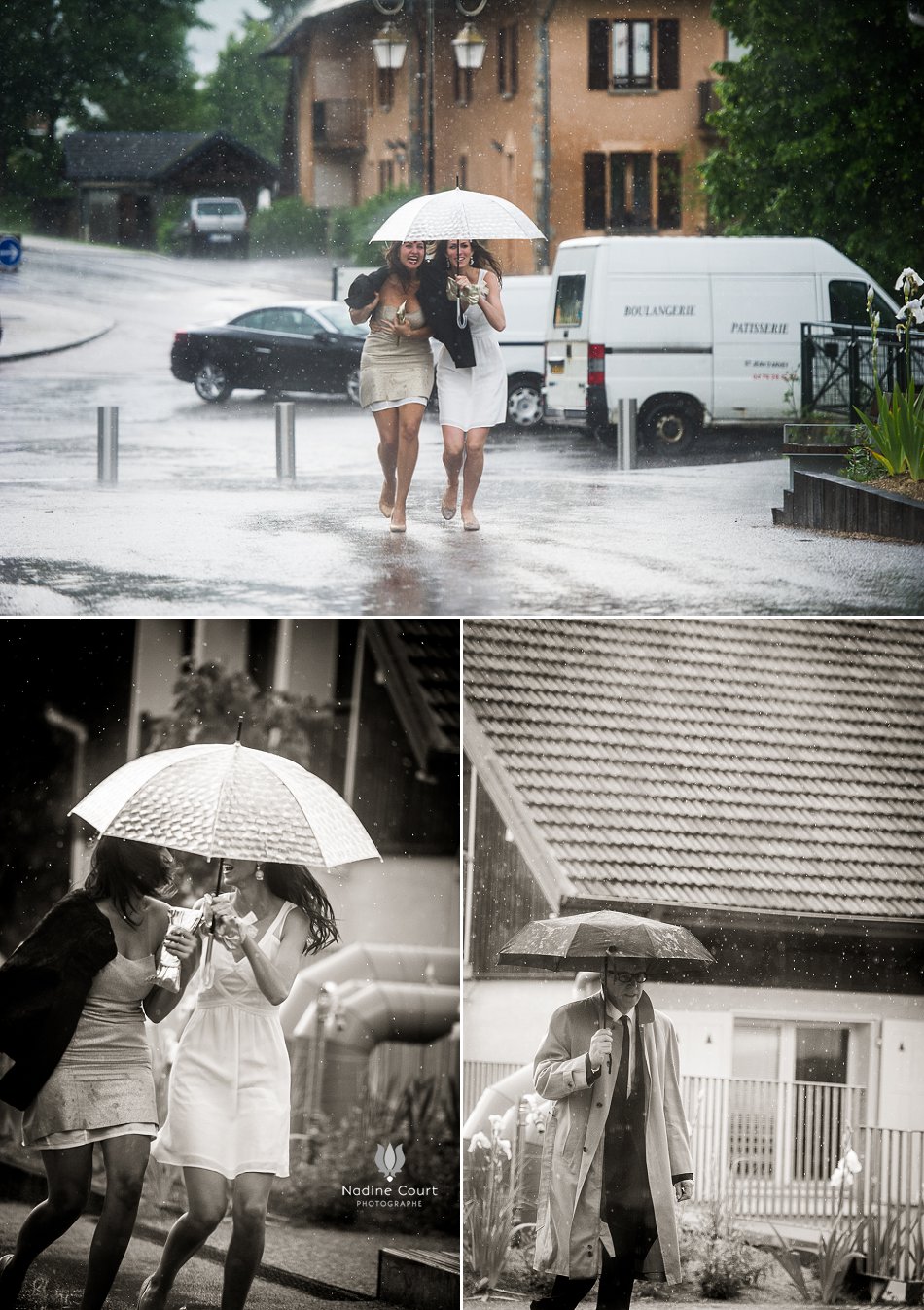 Arrivée de la mariée à la mairie sous la pluie