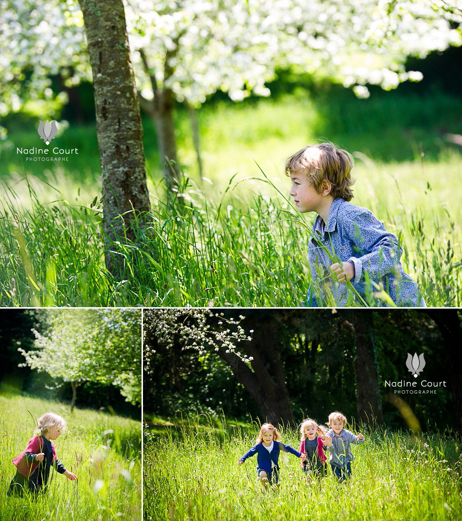 Portraits d'enfants jouant dans les herbes hautes d'un pré fleuri en Bretagne