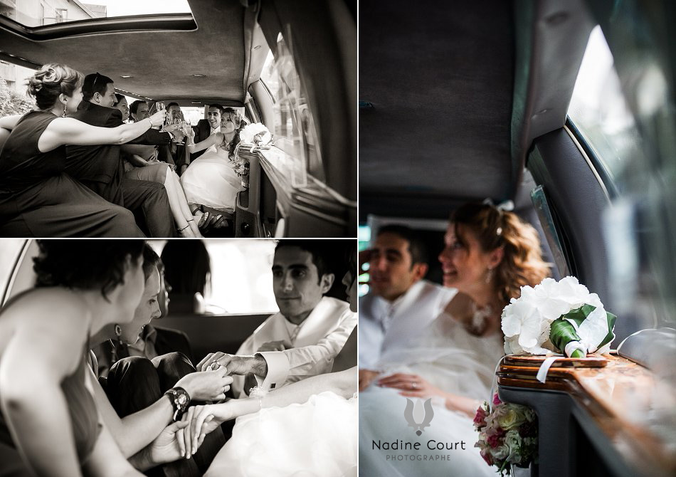 Les mariés trinquent au champagne avec leurs témoins dans une limousine