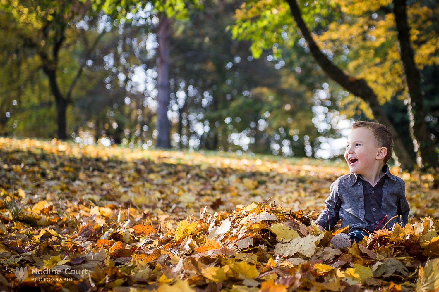 Photo d'un enfant dans un tas de feuille en automne