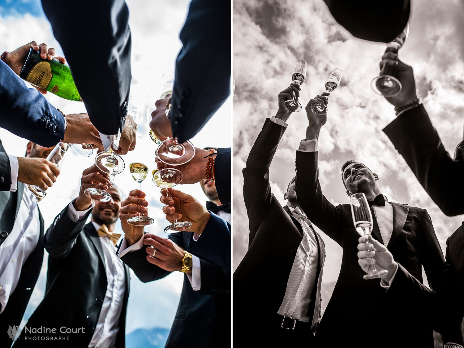 Mariage au Palace de Gstaad - wedding Gstaad Palace - champagne en terrase pour le marié et ses garçons d'honneur - Champagne for groom and his best men